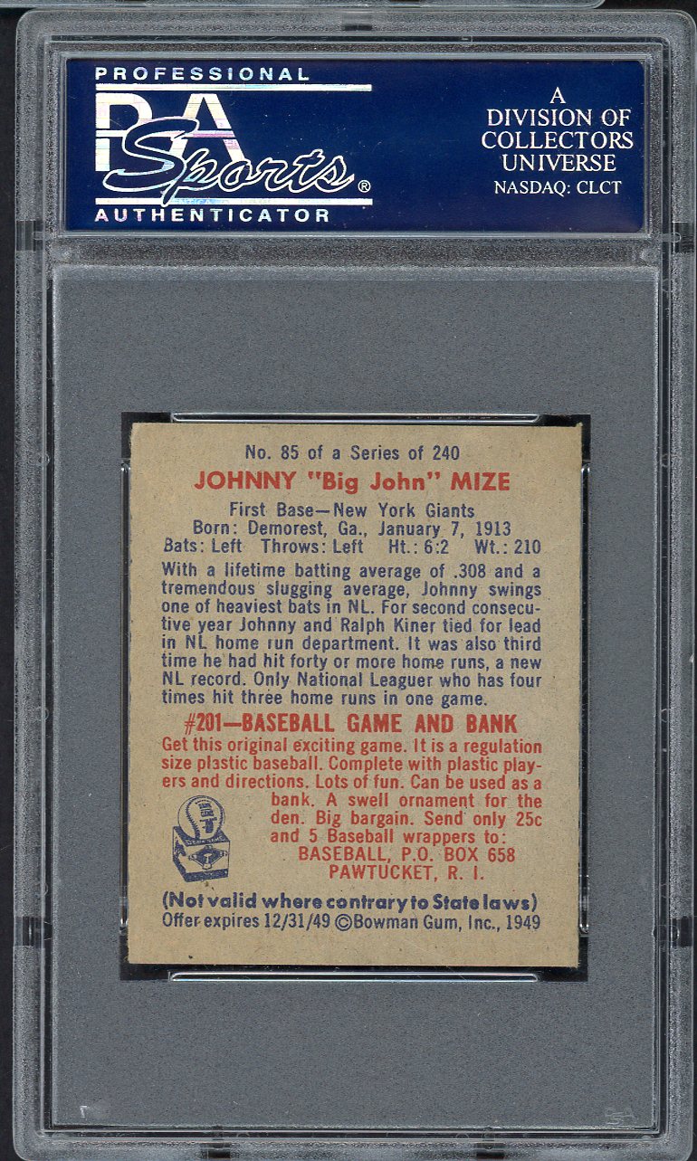 1949 Bowman Baseball #085 Johnny Mize Giants PSA 7 NM No Name 561703