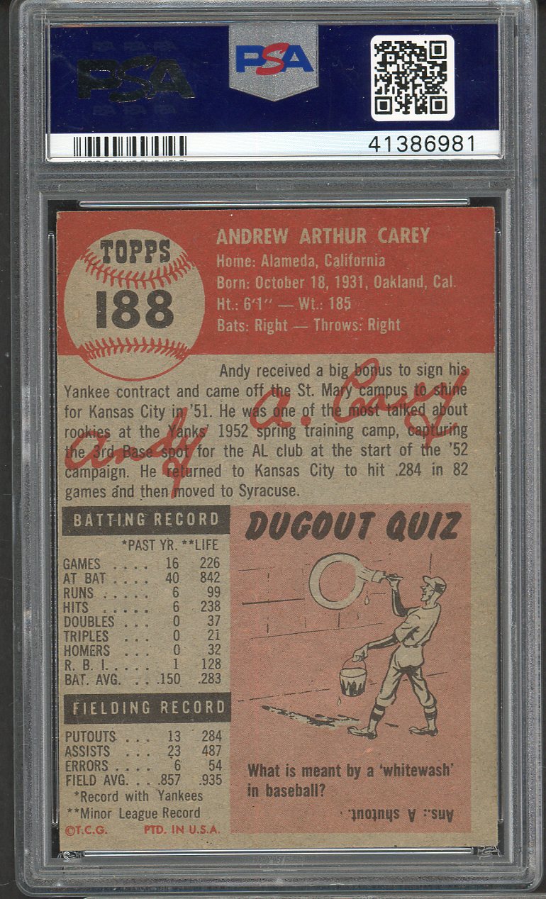 1953 Topps Baseball #188 Andy Carey Yankees PSA 8 NM/MT 561706