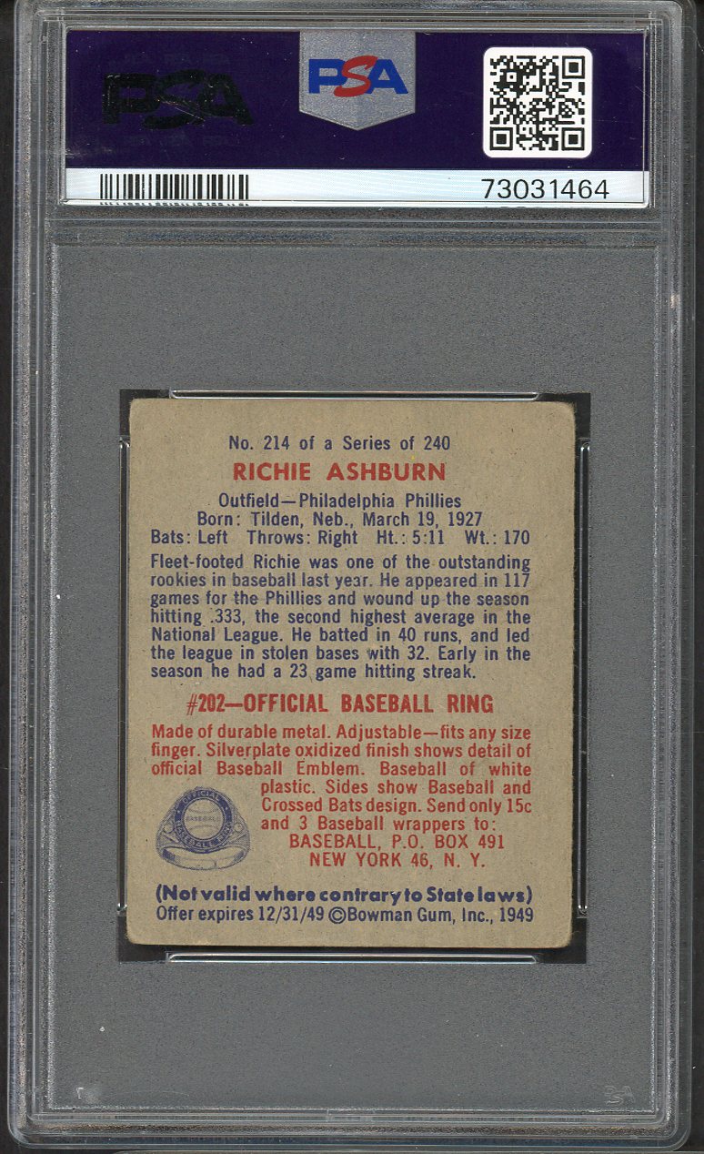 1949 Bowman Baseball #214 Richie Ashburn Phillies PSA 2 GD 561713