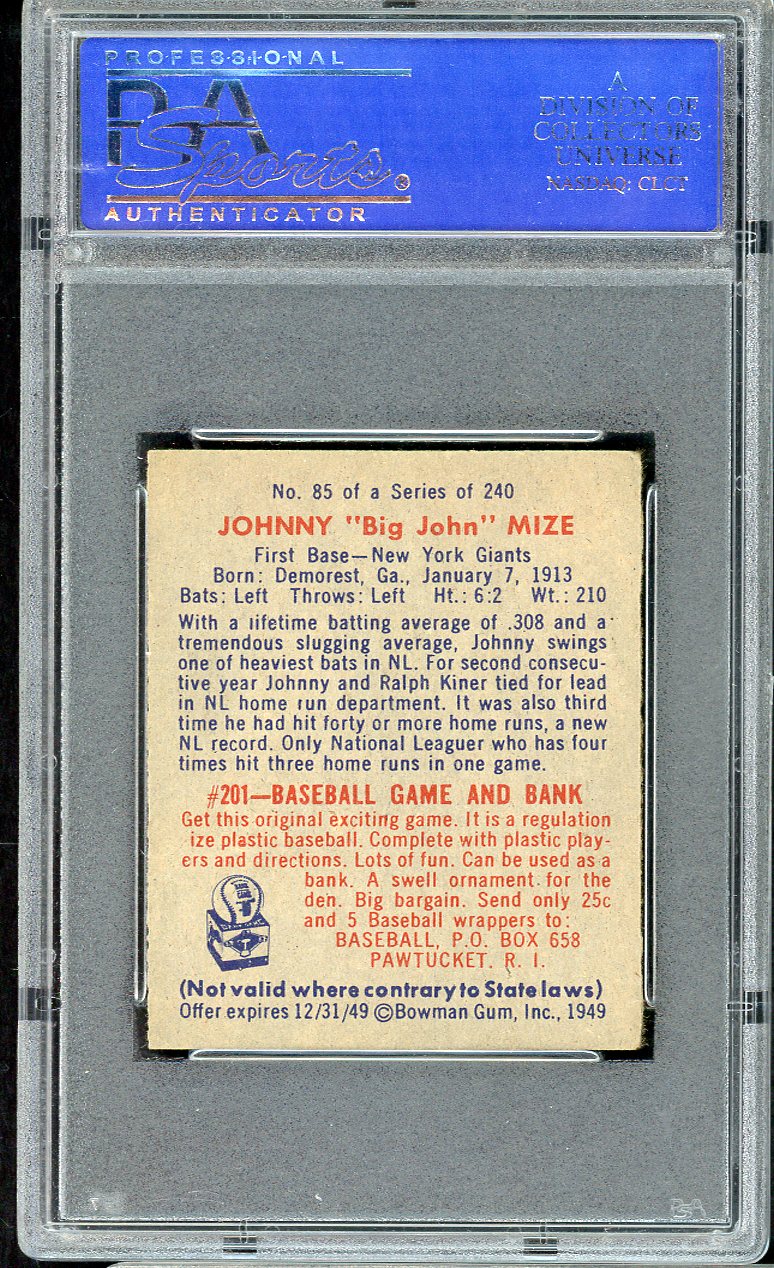 1949 Bowman Baseball #085 Johnny Mize Giants PSA 6 EX-MT Name Front 561717