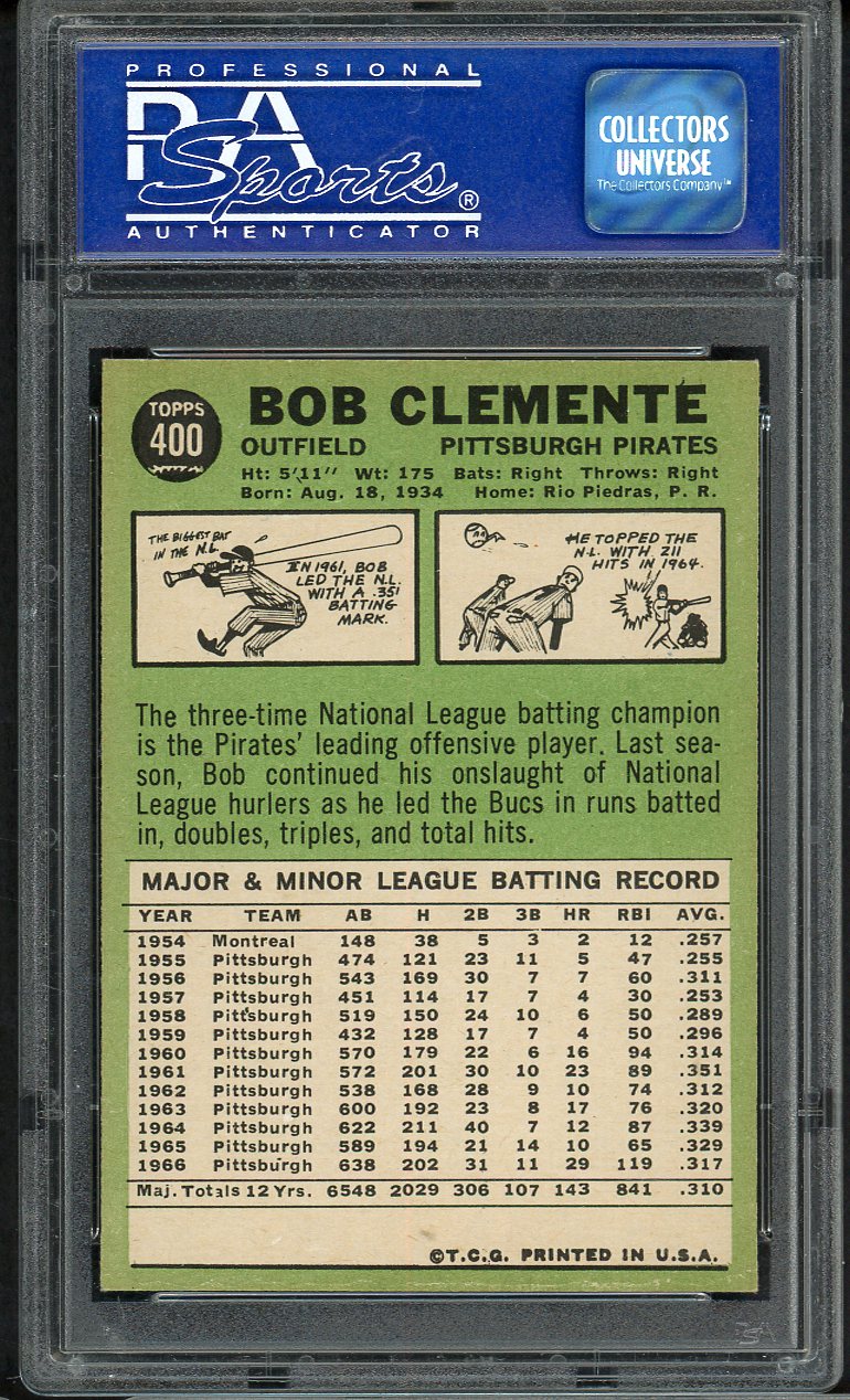 1967 Topps Baseball #400 Roberto Clemente Pirates PSA 7 NM 561730