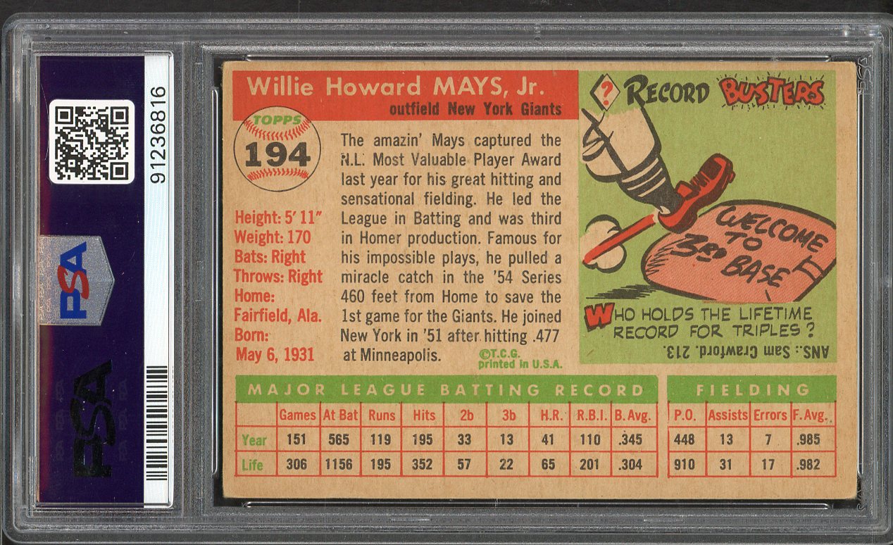 1955 Topps Baseball #194 Willie Mays Giants PSA 4 VG-EX 561733