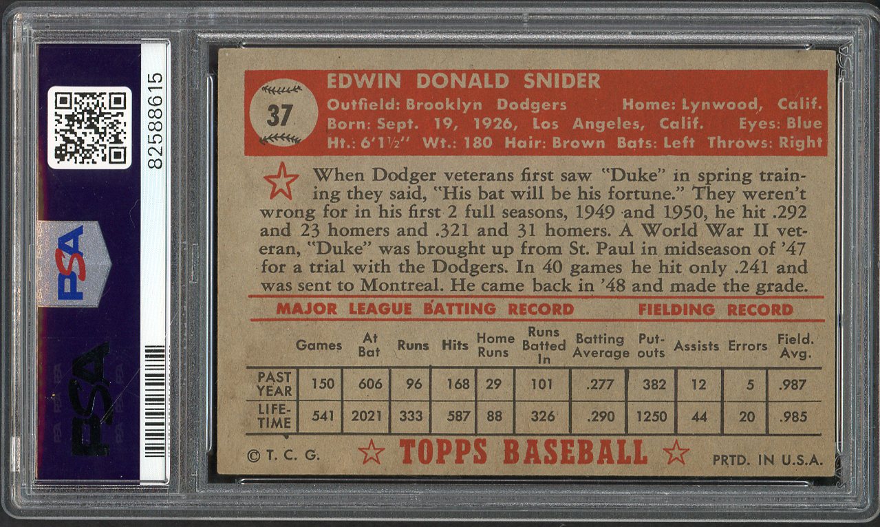 1952 Topps Baseball #037 Duke Snider Dodgers PSA 4 VG-EX Red 561763