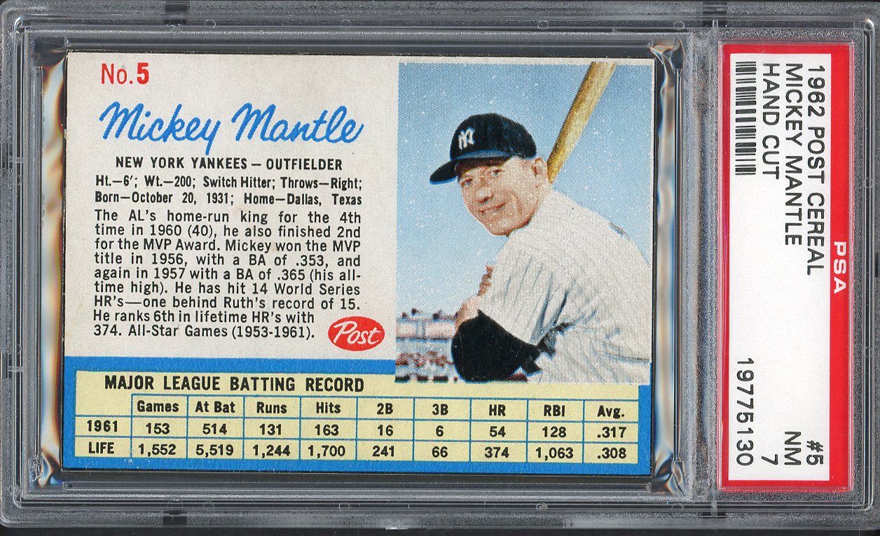 1962 Post Baseball #005 Mickey Mantle Yankees PSA 7 NM 561793