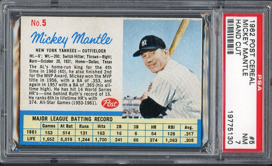 1962 Post Baseball #005 Mickey Mantle Yankees PSA 7 NM 561793