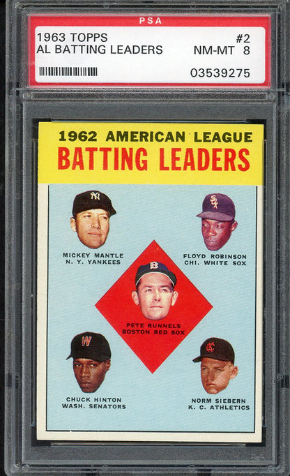 1963 Topps Baseball #002 A.L. Batting Leaders Mickey Mantle PSA 8 NM/MT 561801