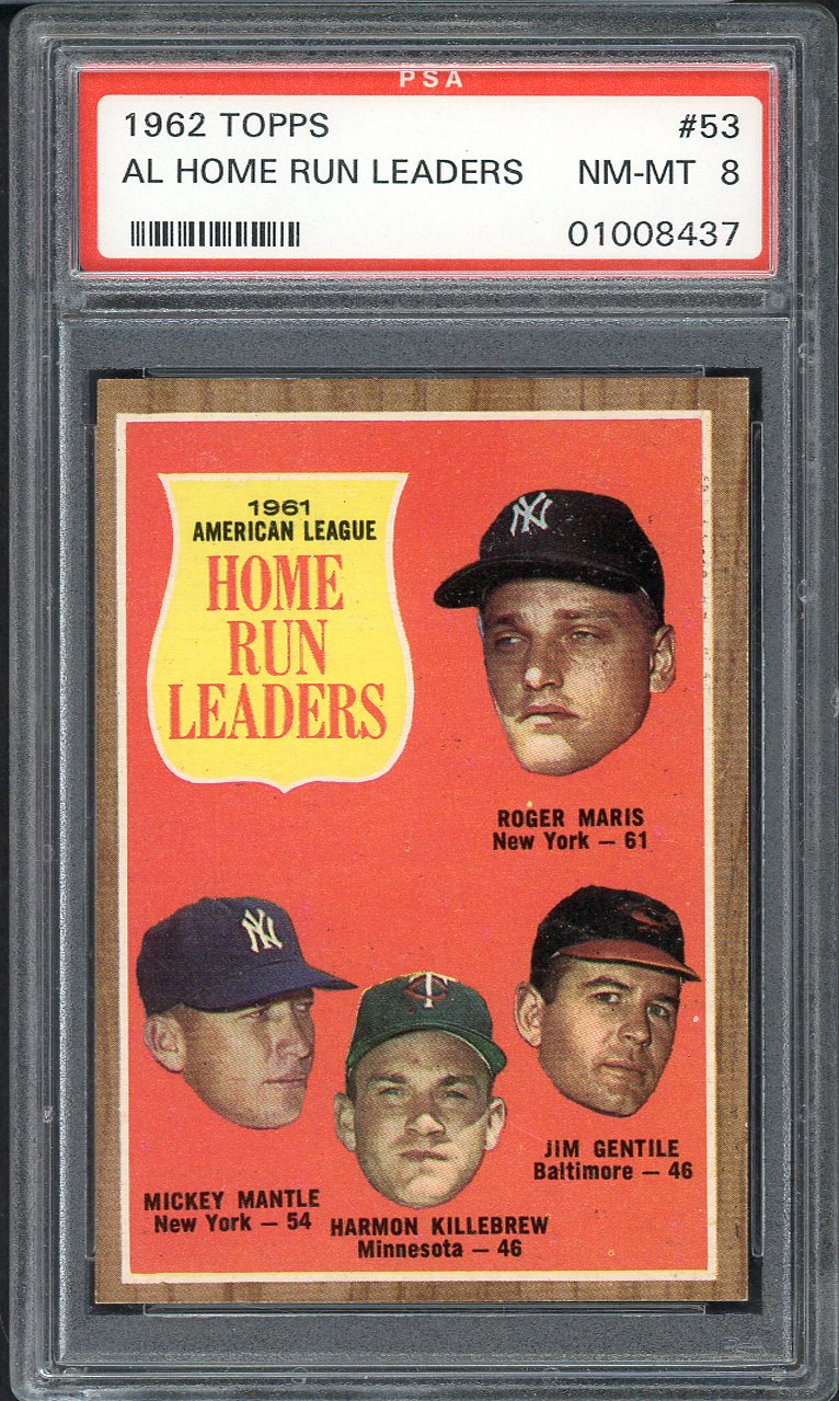 1962 Topps Baseball #053 A.L. Home Run Leaders Mickey Mantle PSA 8 NM/MT 561815