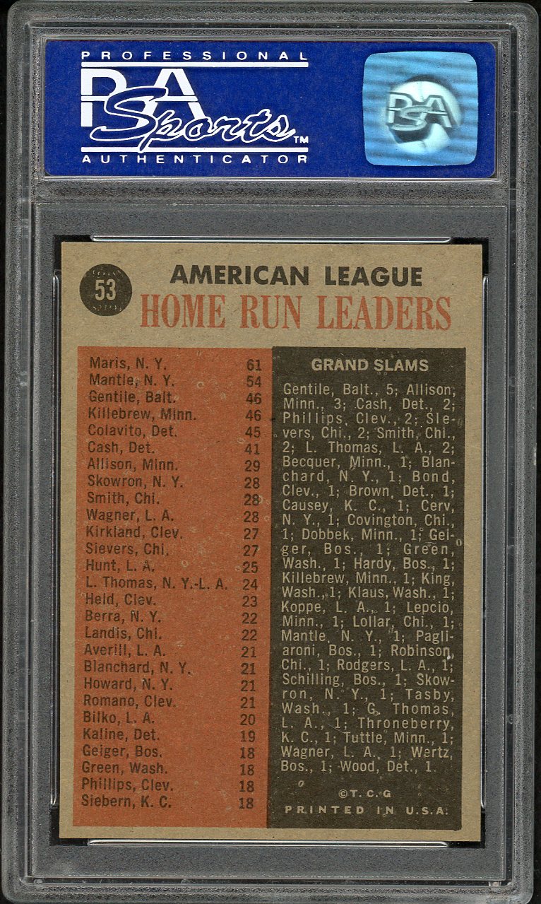1962 Topps Baseball #053 A.L. Home Run Leaders Mickey Mantle PSA 8 NM/MT 561815