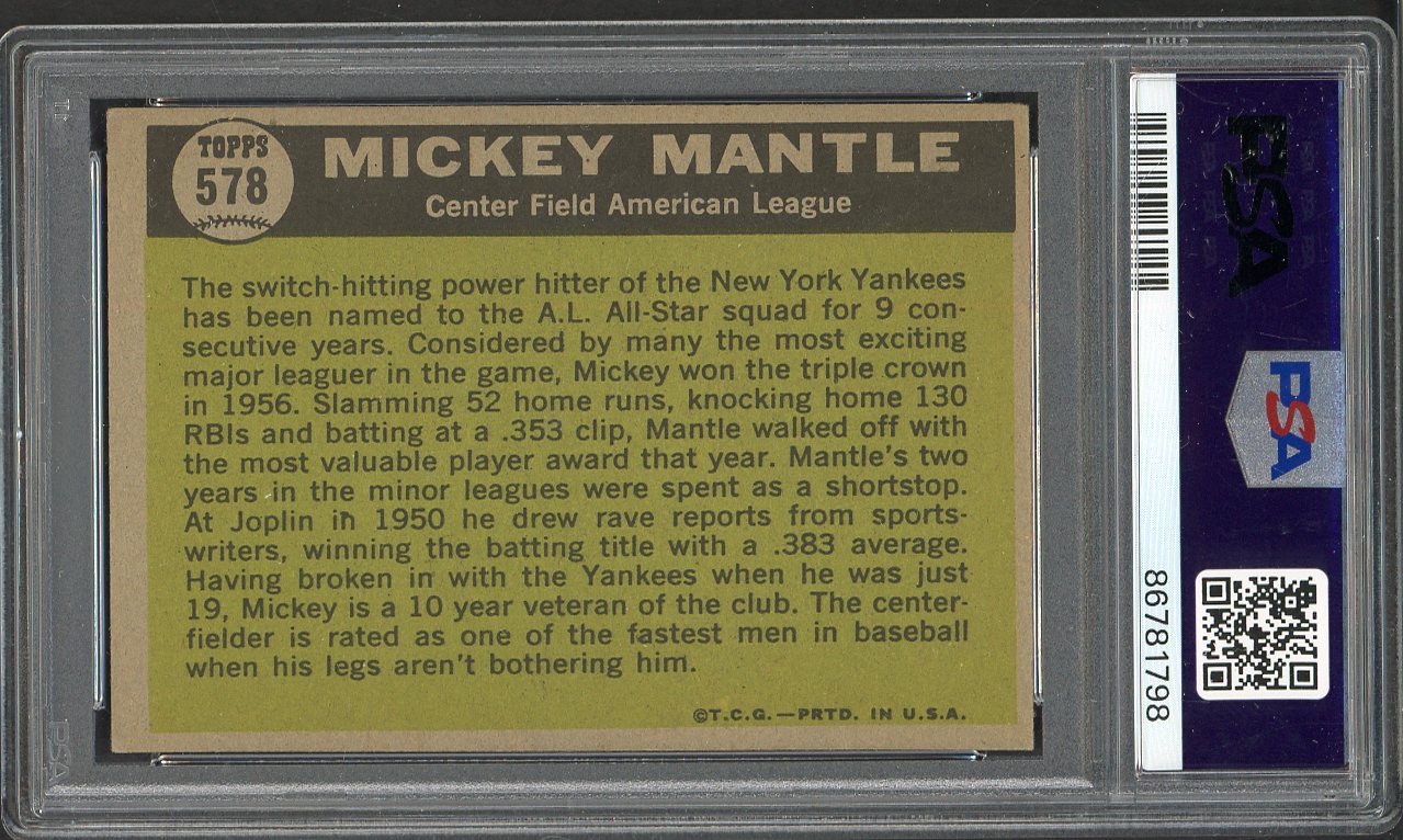 1961 Topps Baseball #578 Mickey Mantle A.S. Yankees PSA 6 EX-MT 561824