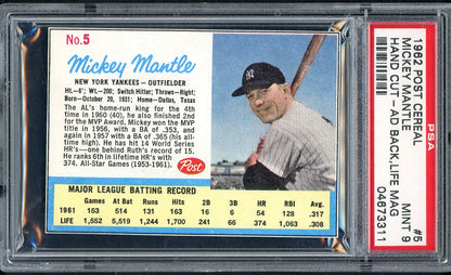 1962 Post Baseball #005 Mickey Mantle Yankees PSA 9 MINT Ad 561866