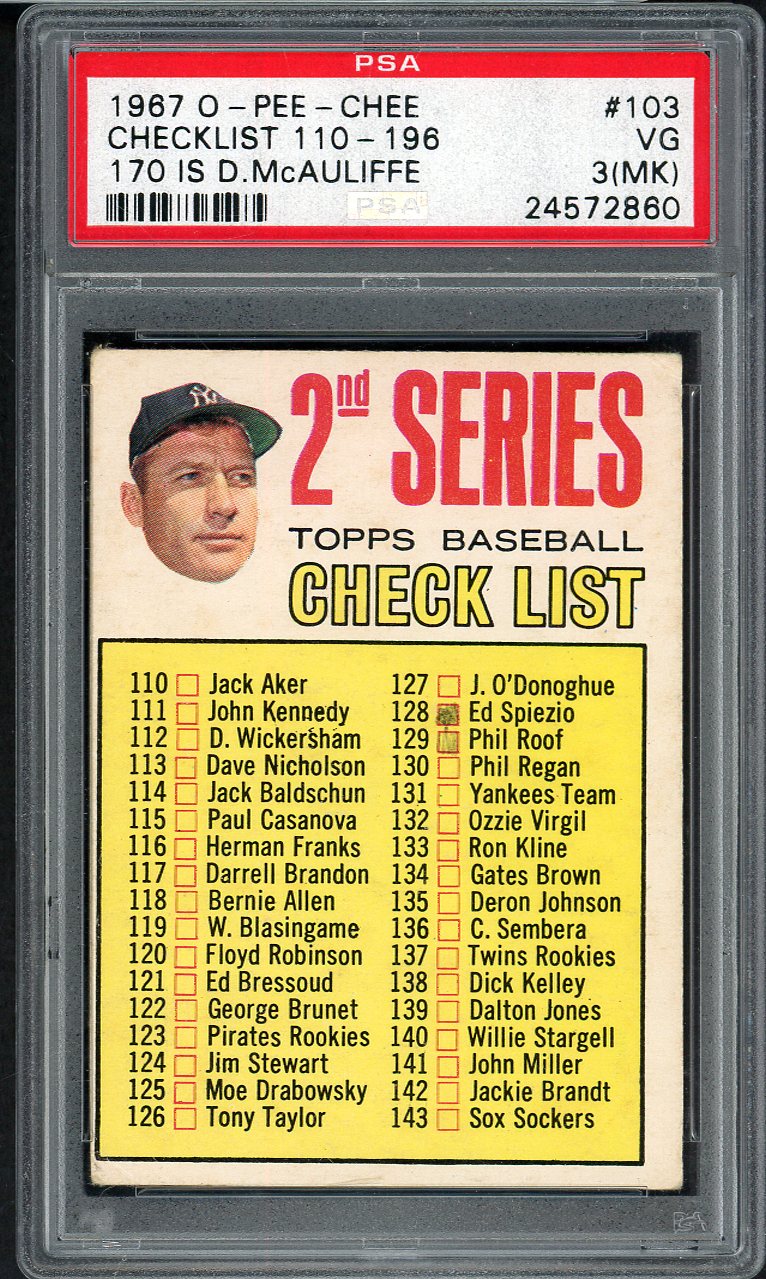 1967 O Pee Chee #103 Checklist 2 Mickey Mantle PSA 3 VG mk 561872