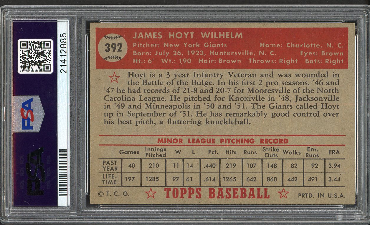 1952 Topps Baseball #392 Hoyt Wilhelm Giants PSA 7 NM 561874