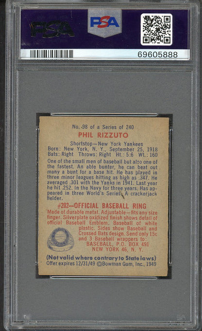 1949 Bowman Baseball #098 Phil Rizzuto Yankees PSA 5 EX No Name 561881