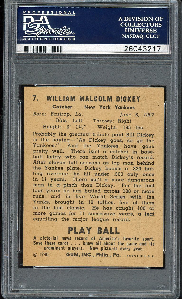 1940 Play Ball #007 Bill Dickey Yankees PSA 5 EX 561885