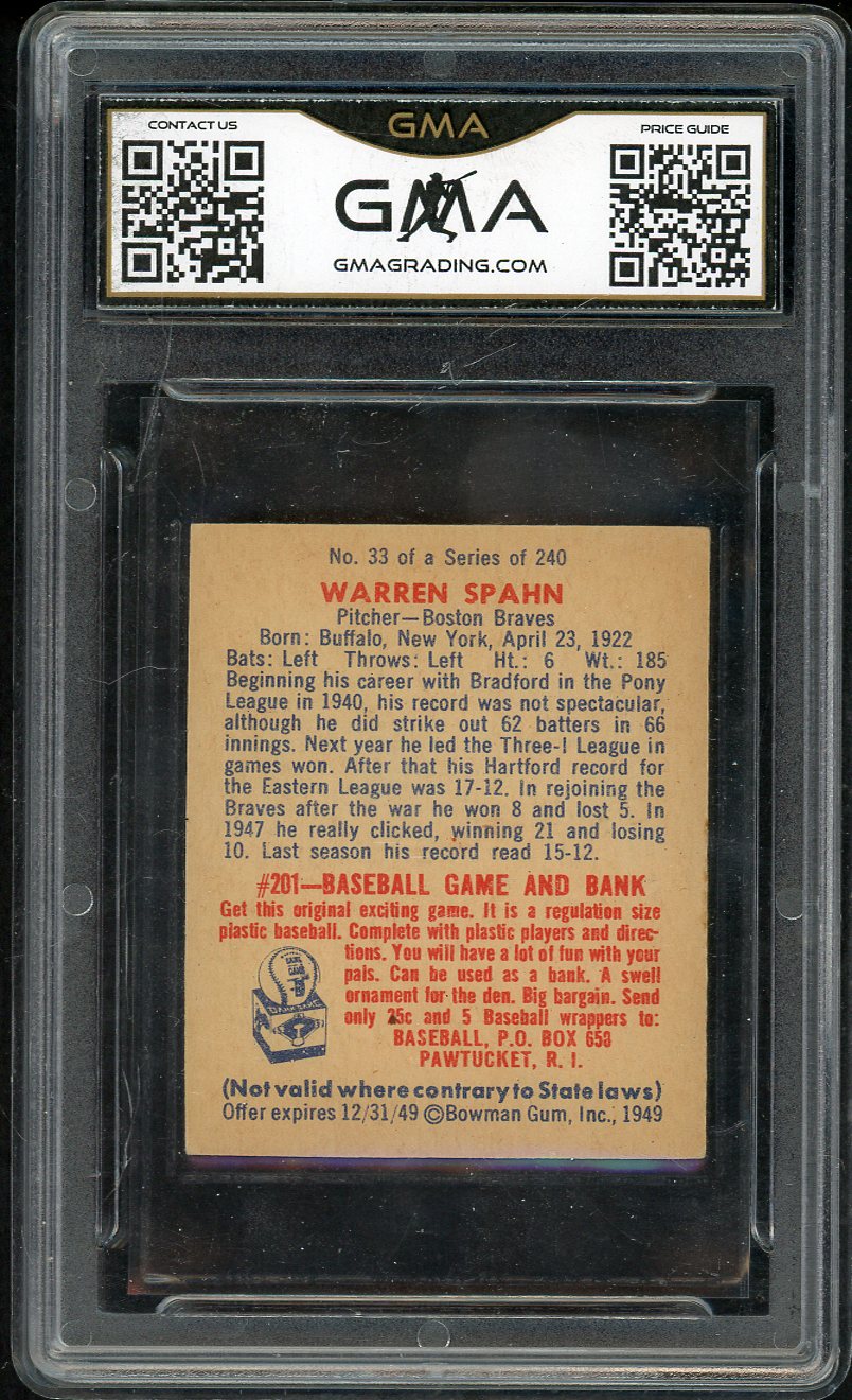 1949 Bowman Baseball #033 Warren Spahn Braves GMA 5 EX 561911