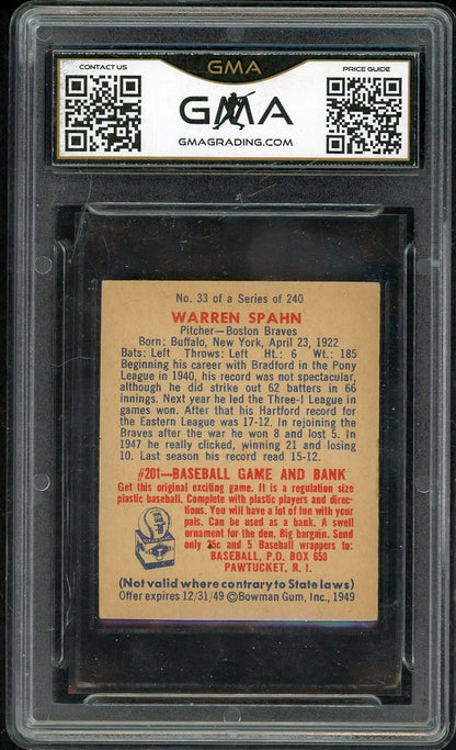 1949 Bowman Baseball #033 Warren Spahn Braves GMA 5 EX 561911