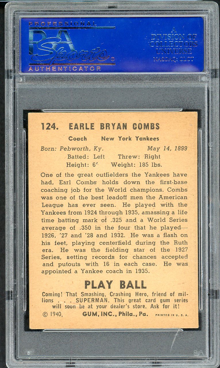 1940 Play Ball #124 Earle Combs Yankees PSA 6 EX-MT 561912