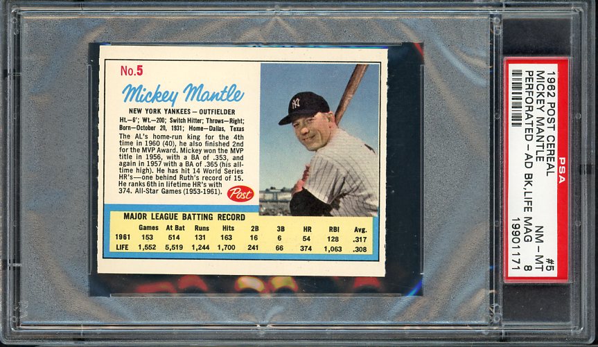 1962 Post Baseball #005 Mickey Mantle Yankees PSA 8 NM/MT Ad 561918