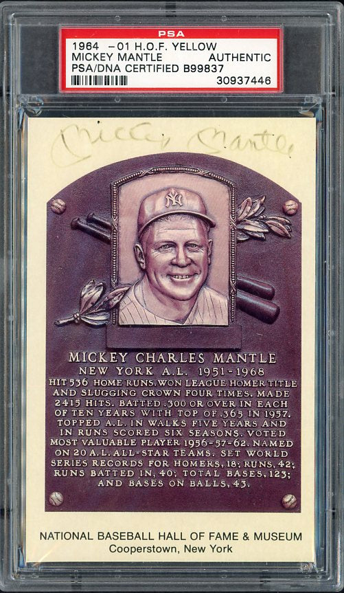 HOF Plaque Postcard Mickey Mantle Yankees PSA/DNA Auth Signed 561925