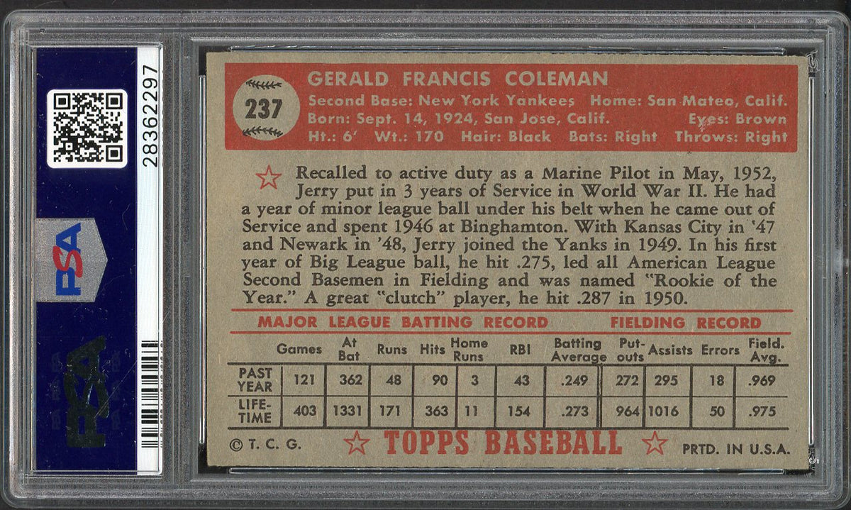 1952 Topps Baseball #237 Jerry Coleman Yankees PSA 7 NM 561936
