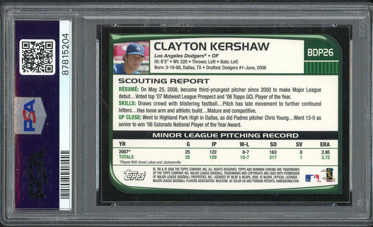 2008 Bowman Chrome #BDP26 Clayton Kershaw Dodgers PSA 8 NM/MT 561950