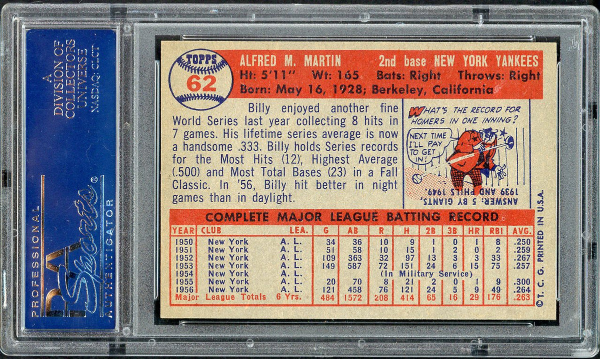 1957 Topps Baseball #062 Billy Martin Yankees PSA 8 NM/MT 561964