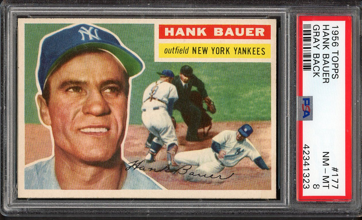 1956 Topps Baseball #177 Hank Bauer Yankees PSA 8 NM/MT Gray 561970