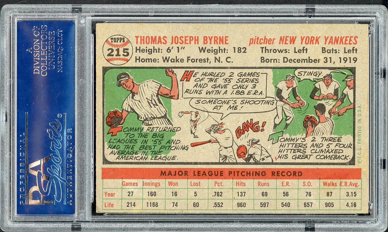 1956 Topps Baseball #215 Tommy Byrne Yankees PSA 6 EX-MT 561972