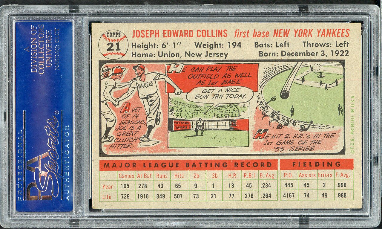 1956 Topps Baseball #021 Joe Collins Yankees PSA 8 NM/MT Gray 562001