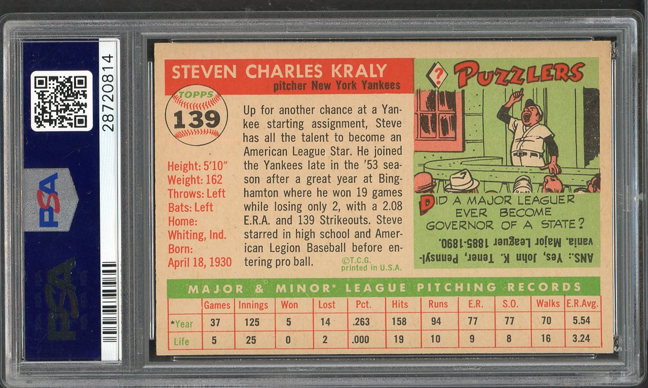 1955 Topps Baseball #139 Steve Kraly Yankees PSA 7 NM 562009