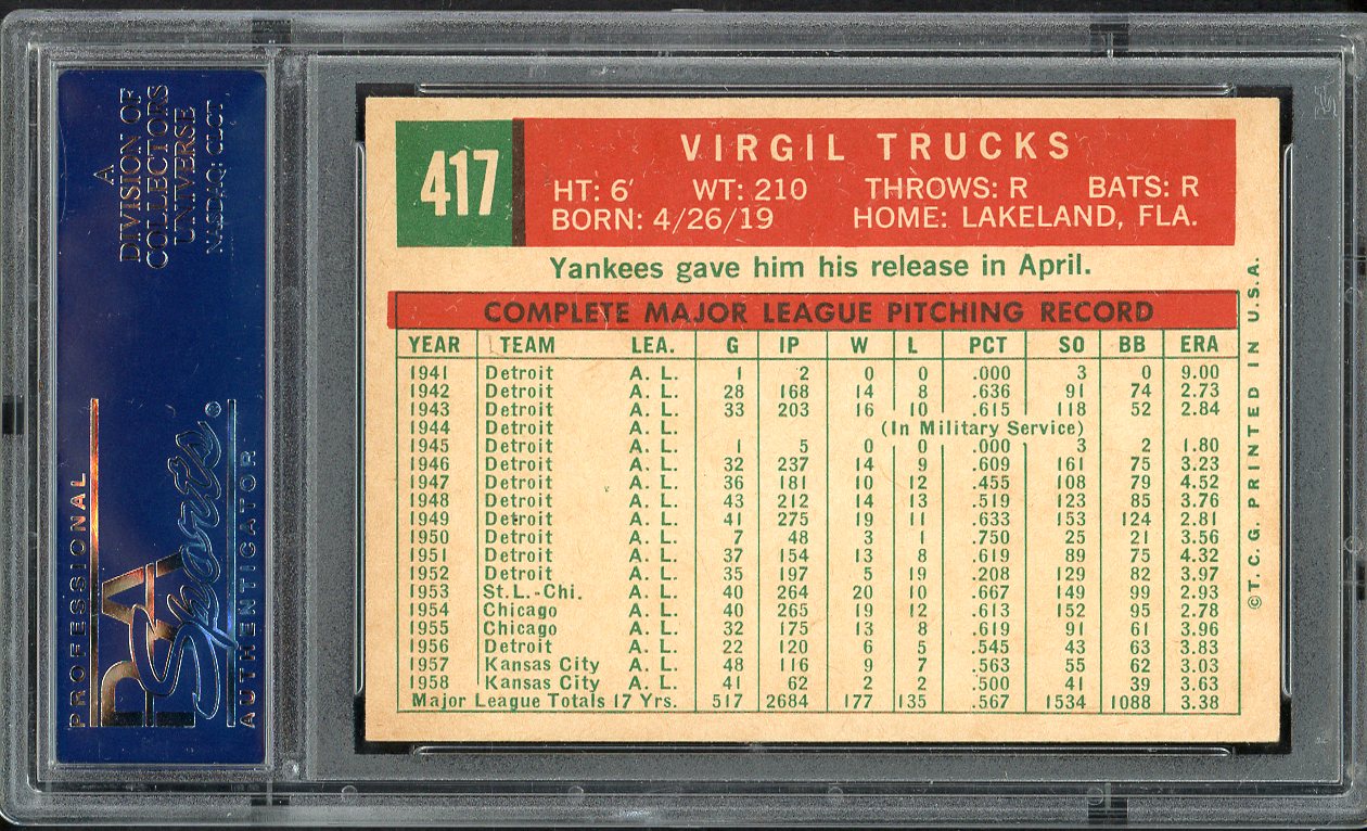 1959 Topps Baseball #417 Virgil Trucks Yankees PSA 8 NM/MT 562010