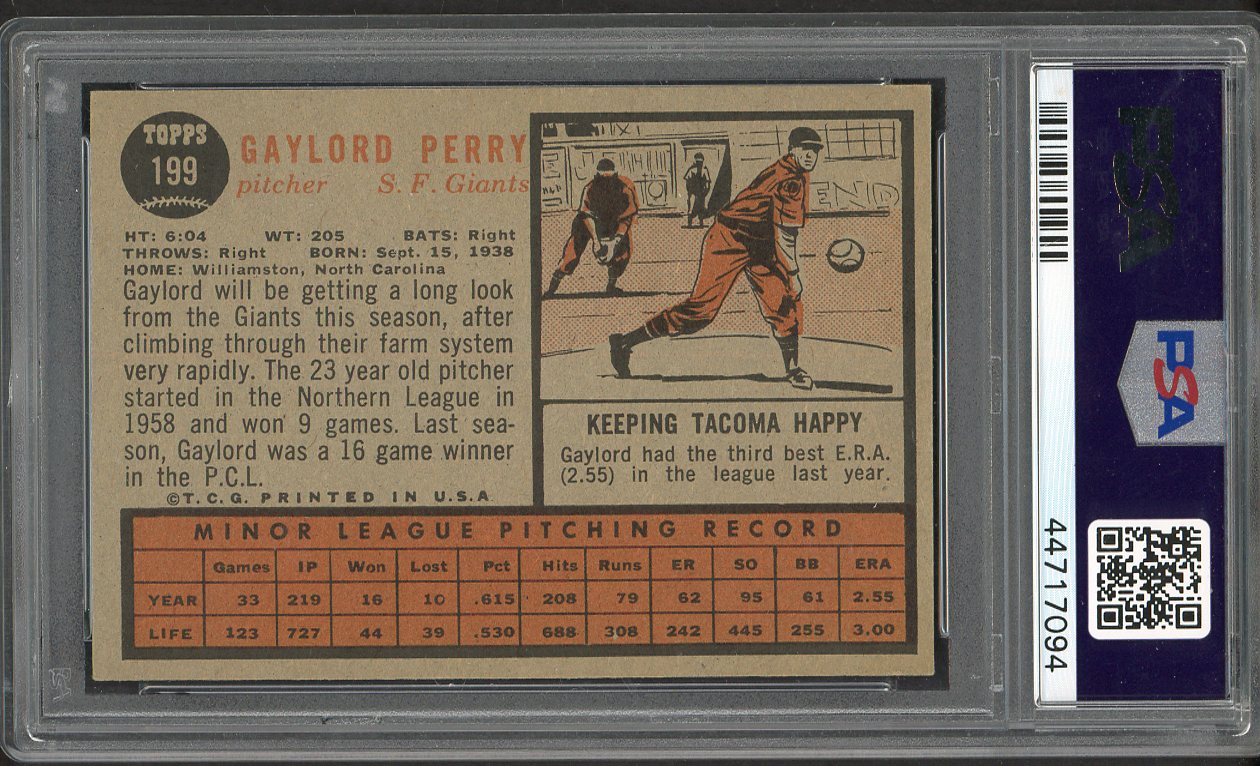 1962 Topps Baseball #199 Gaylord Perry Giants PSA 6 EX-MT 562015