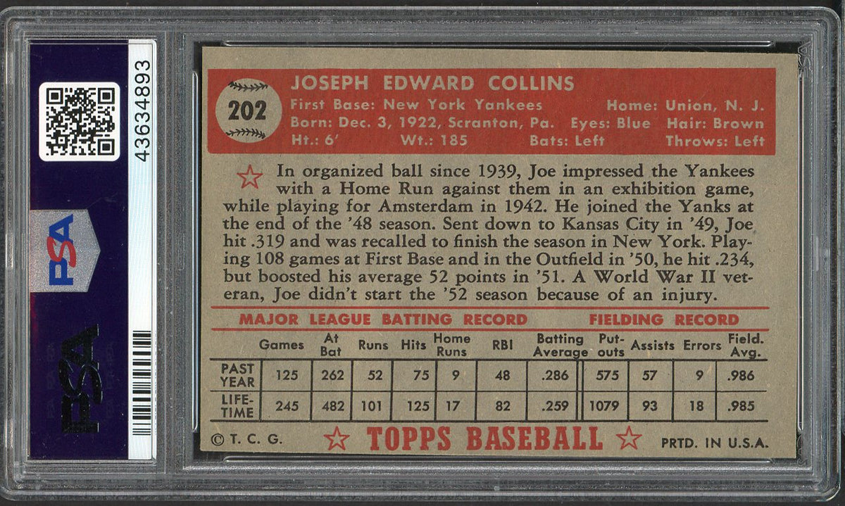 1952 Topps Baseball #202 Joe Collins Yankees PSA 6 EX-MT 562029