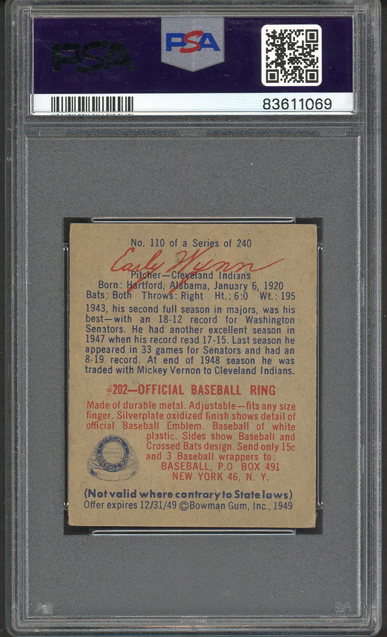 1949 Bowman Baseball #110 Early Wynn Indians PSA 4 VG-EX 562051