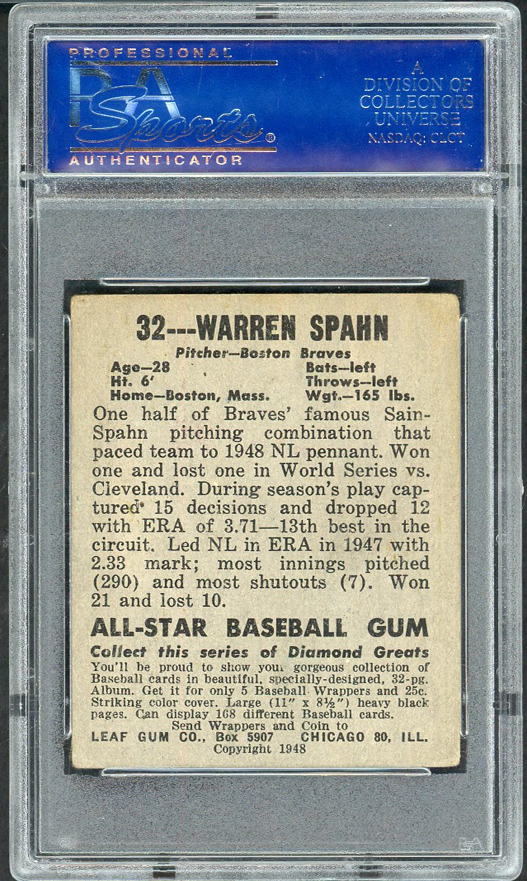 1948 Leaf Baseball #032 Warren Spahn Braves PSA 3 VG 562053