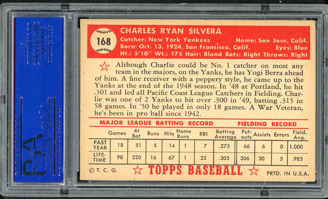 1952 Topps Baseball #168 Charlie Silvera Yankees PSA 6 EX-MT 562059