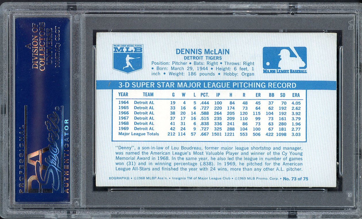 1970 Kelloggs Baseball #073 Denny McLain Tigers PSA 9 MINT 562134