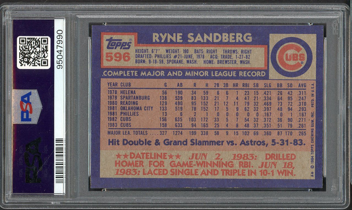 1984 Topps #596 Ryne Sandberg Cubs PSA 9 MINT 562152
