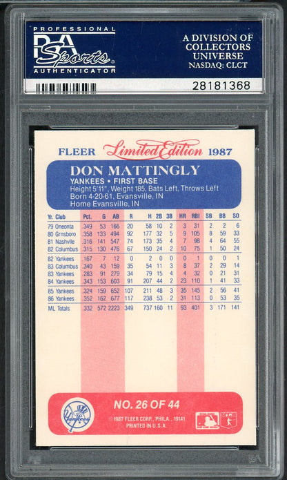 1987 Fleer Limited Edition #026 Don Mattingly Yankees PSA 10 GEM MINT 562157