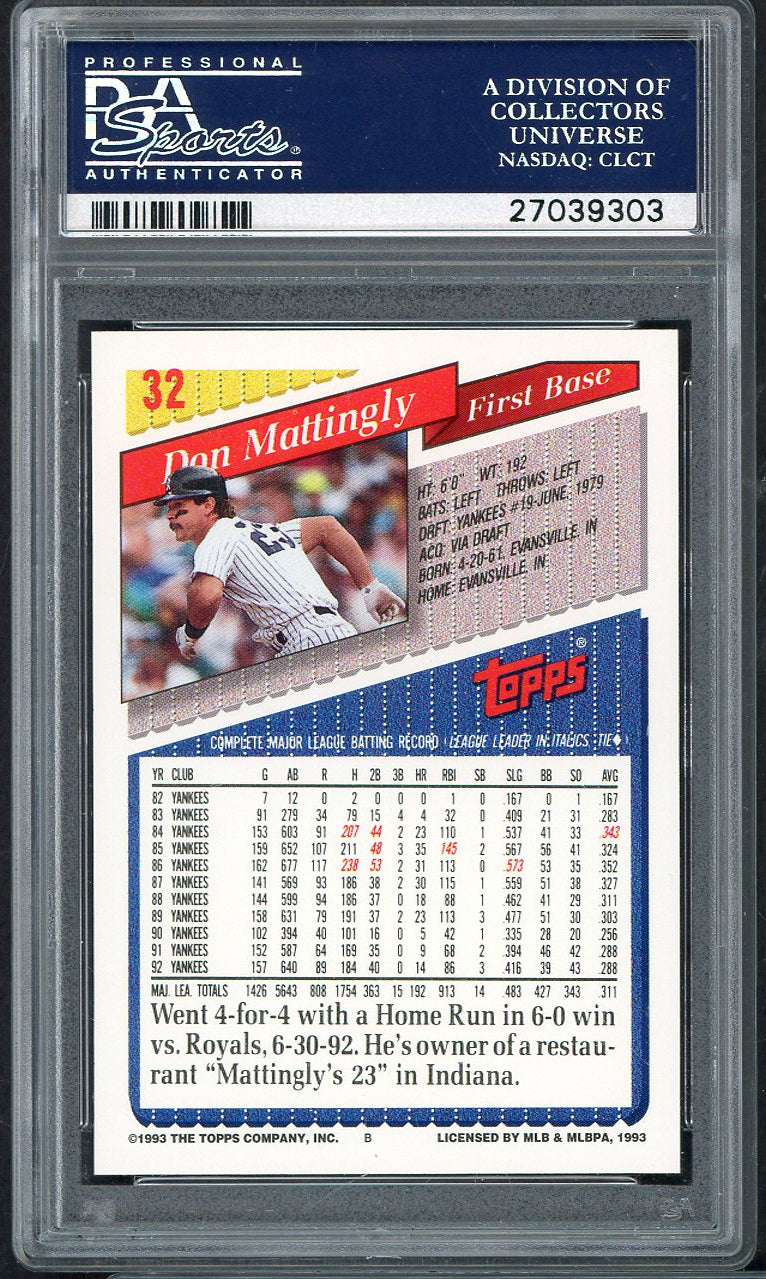 1993 Topps #032 Don Mattingly Yankees PSA 10 GEM MINT 562161