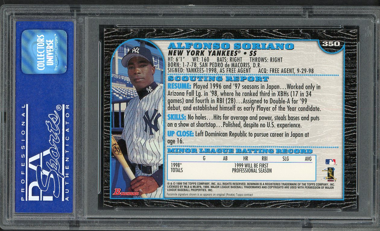 1999 Bowman #350 Alfonso Soriano Yankees PSA 10 GEM MINT 562175