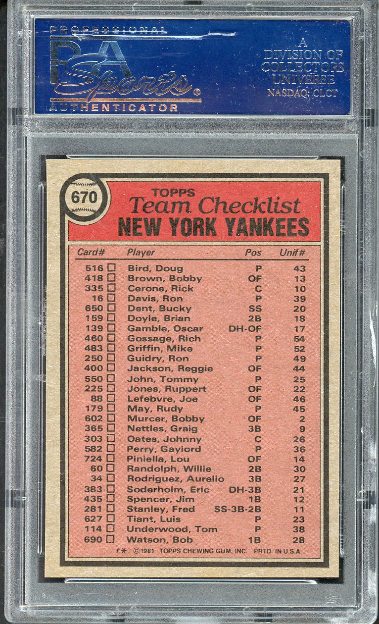 1981 Topps #670 New York Yankees Team PSA 10 GEM MINT 562190