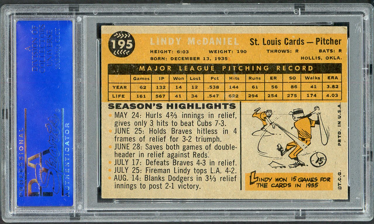 1960 Topps Baseball #195 Lindy McDaniel Cardinals PSA 7 NM 562201