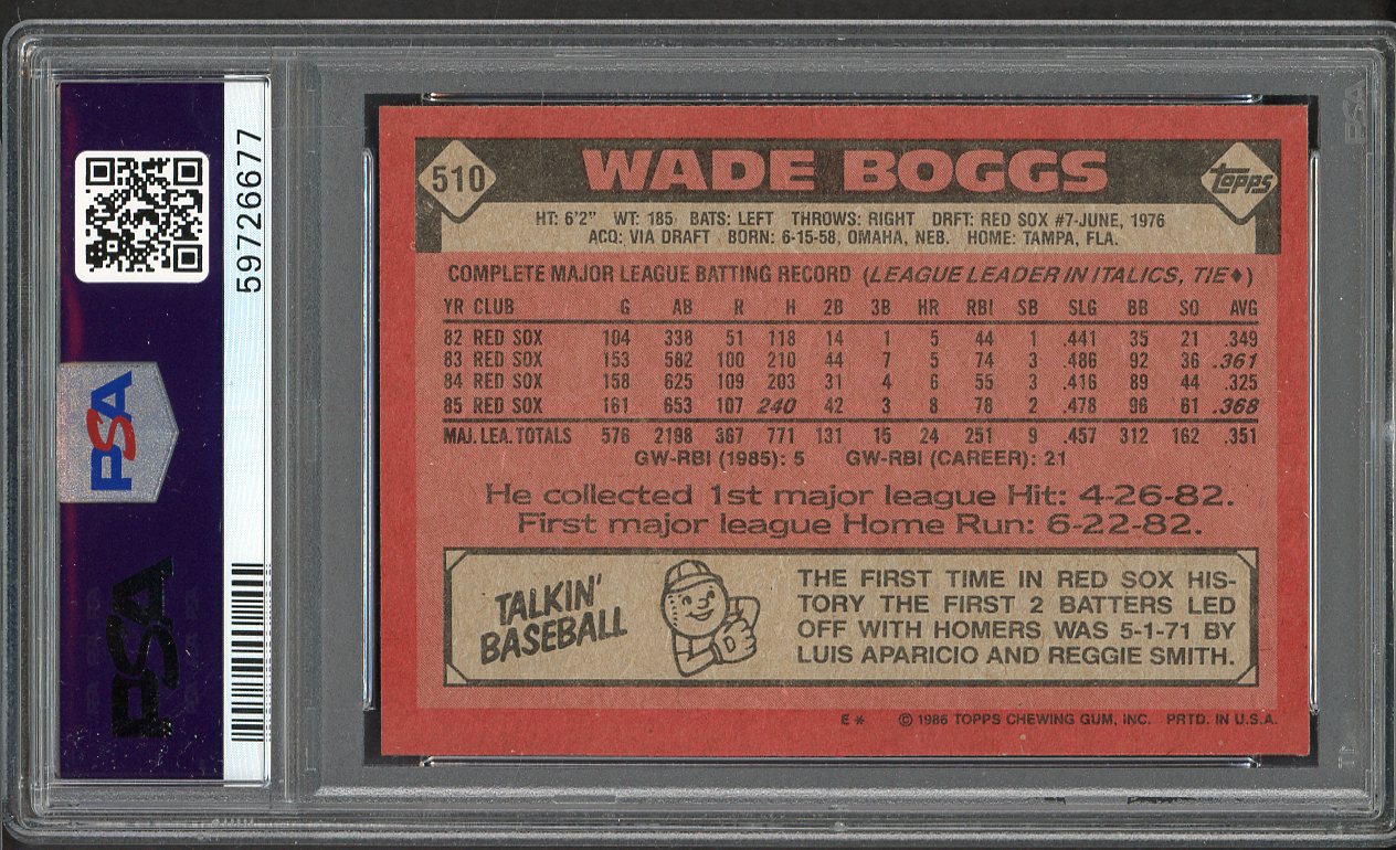 1986 Topps #510 Wade Boggs Red Sox PSA 9 MINT 562218