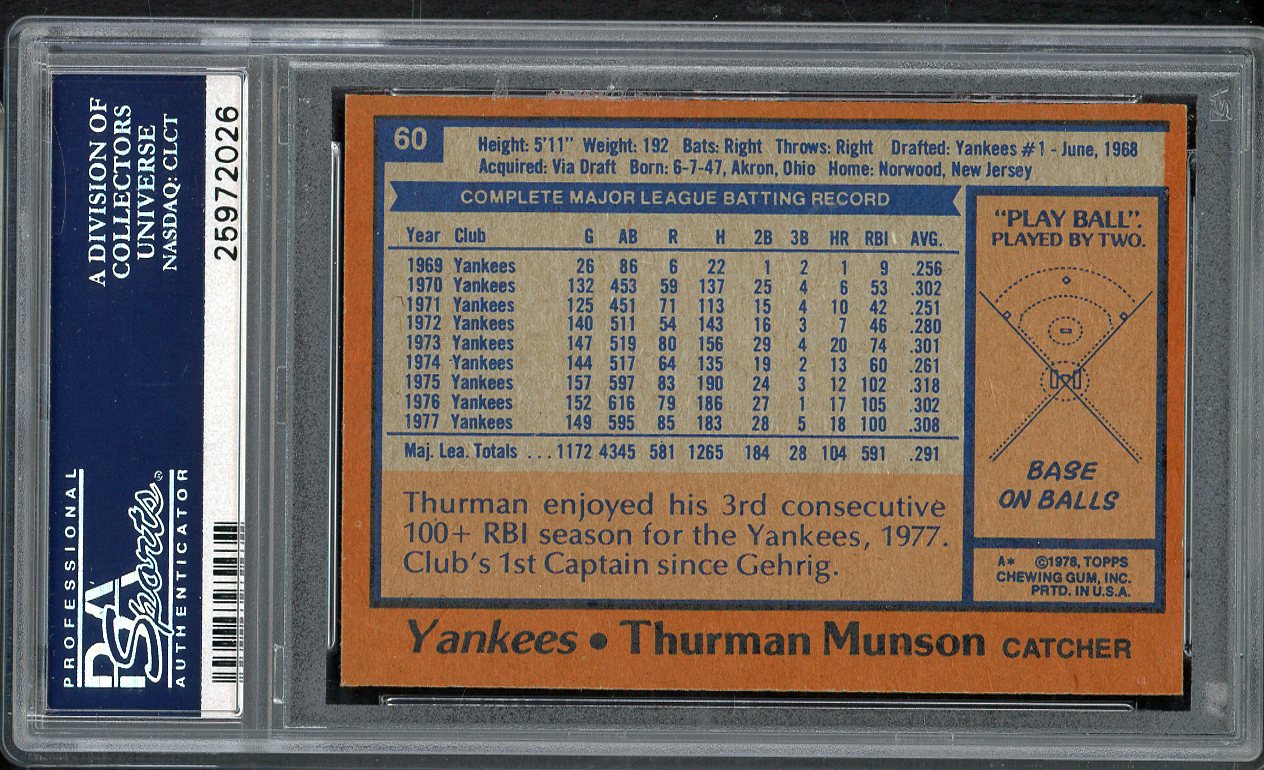 1978 Topps Baseball #060 Thurman Munson Yankees PSA 9 MINT 562221