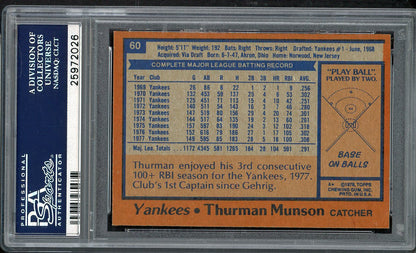 1978 Topps Baseball #060 Thurman Munson Yankees PSA 9 MINT 562221