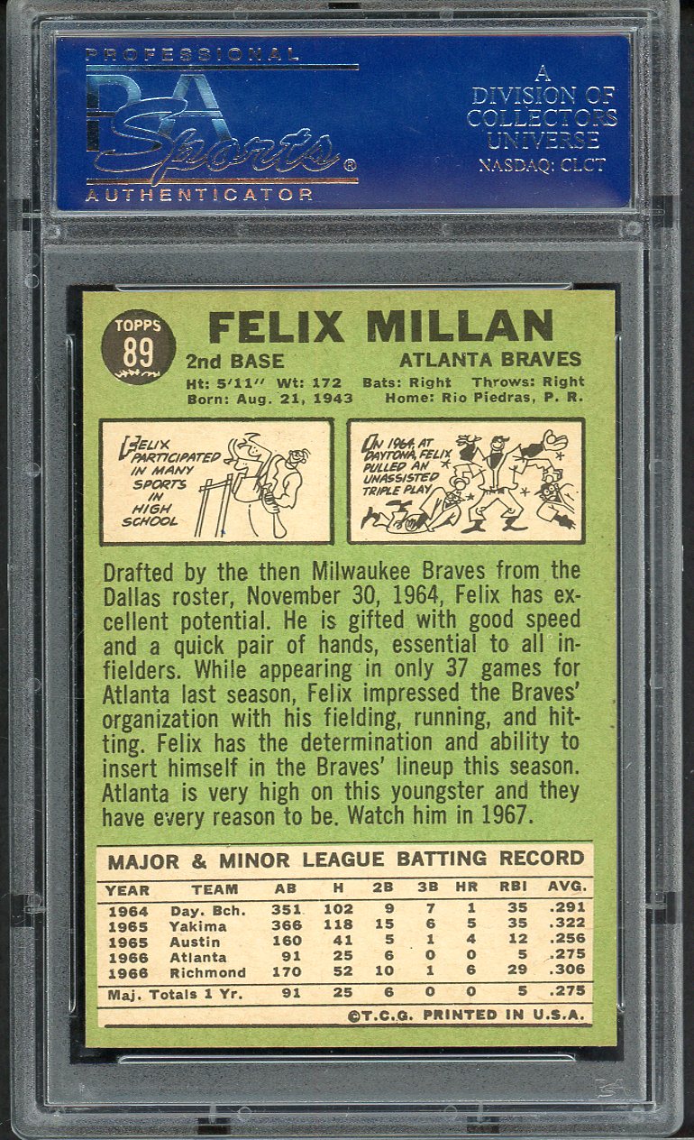 1967 Topps Baseball #089 Felix Millan Braves PSA 9 MINT 562258