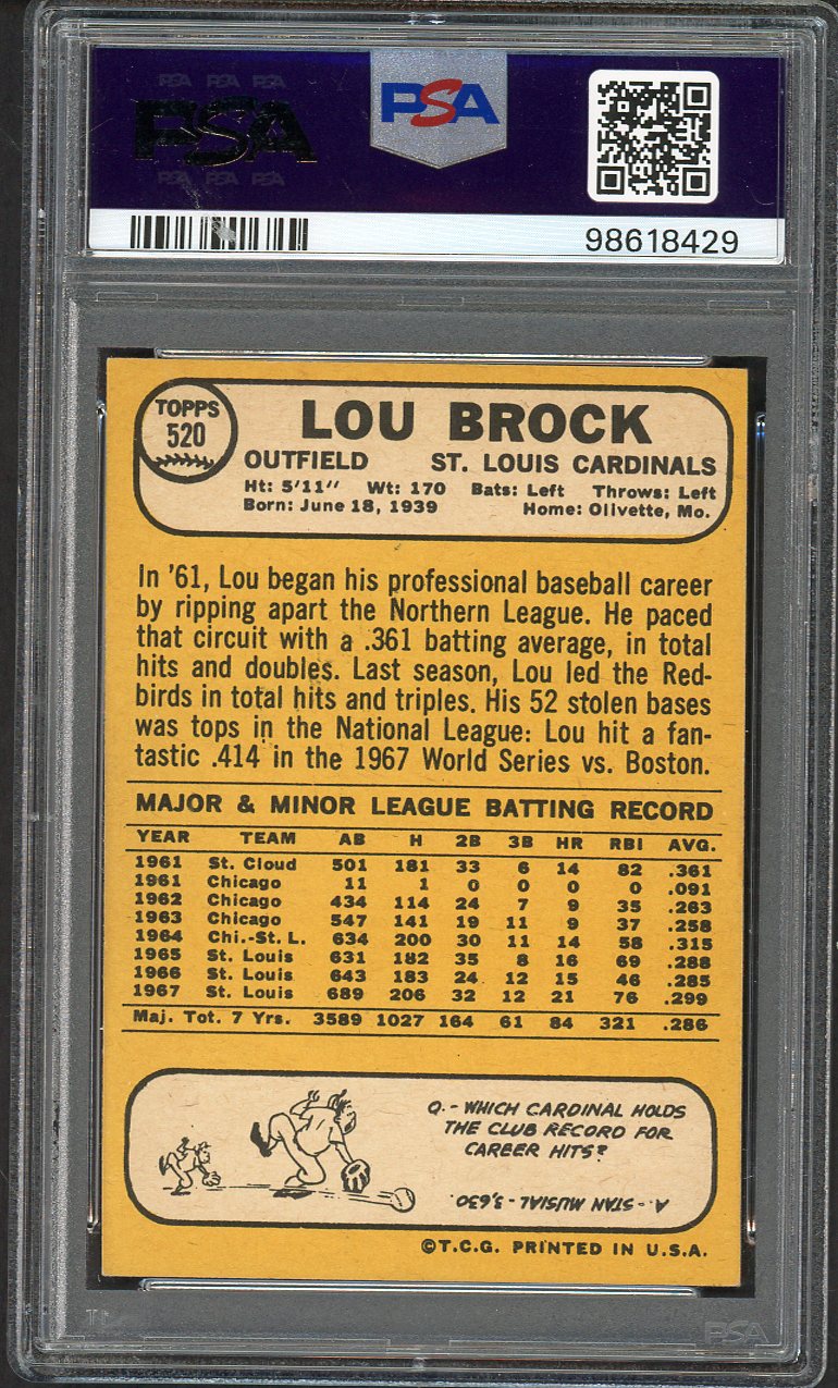 1968 Topps Baseball #520 Lou Brock Cardinals PSA 8 NM/MT 562259