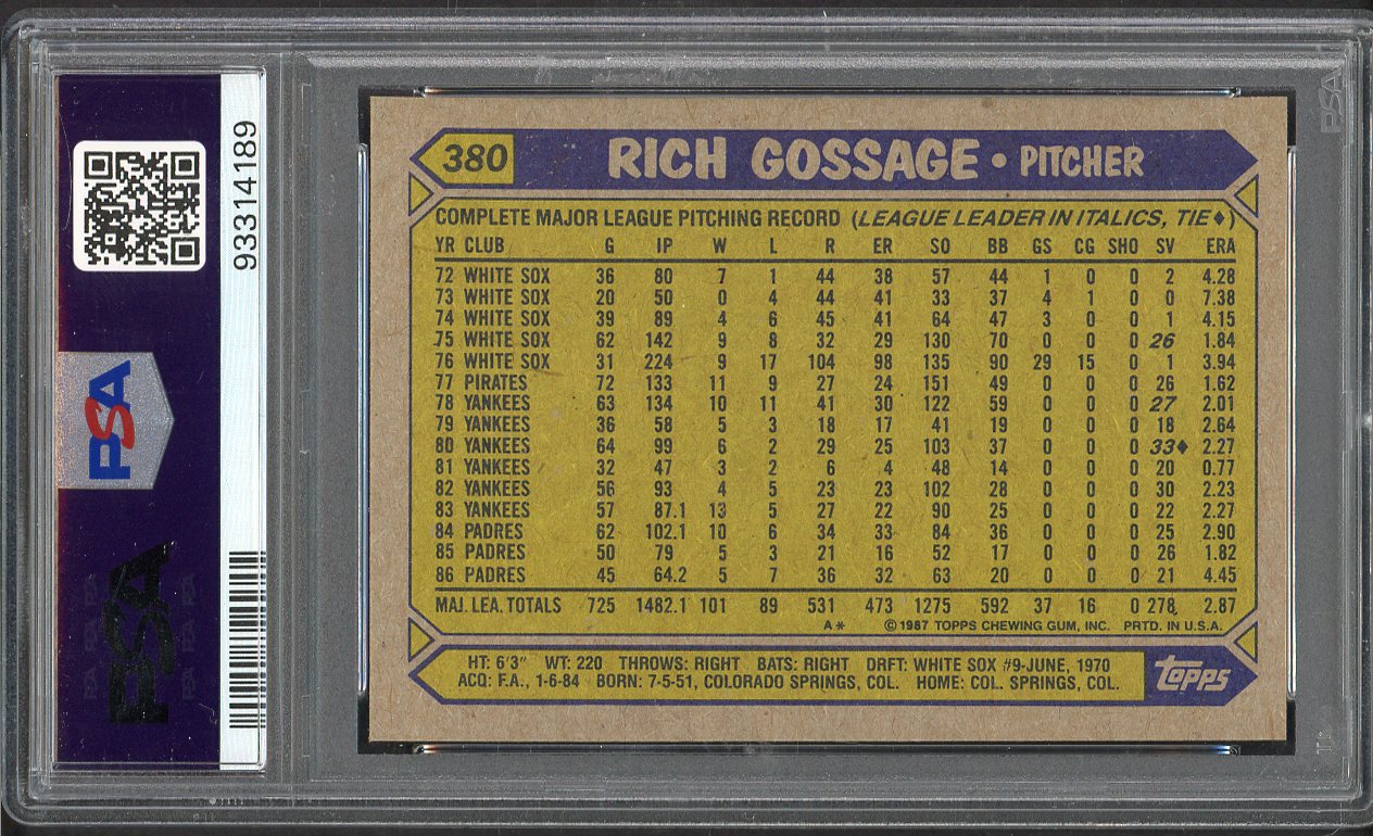 1987 Topps #380 Goose Gossage Padres PSA 10 GEM MINT 562269