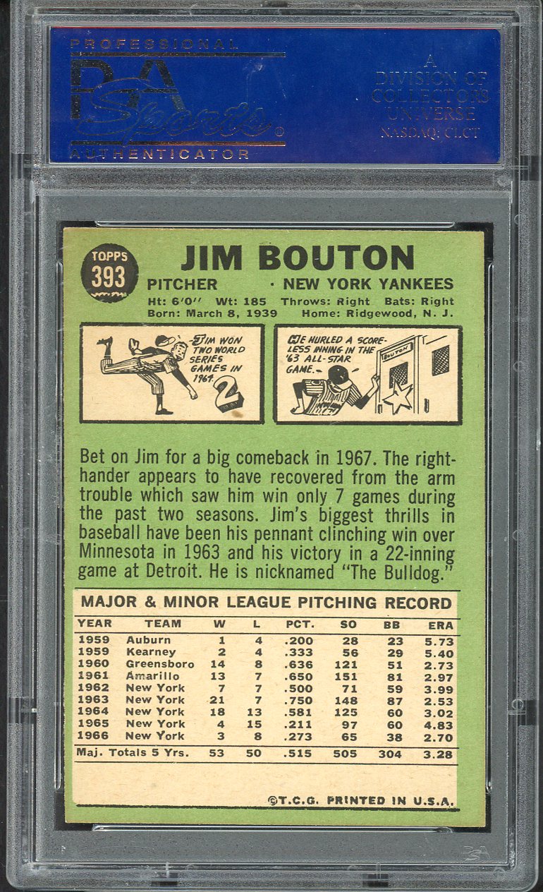 1967 Topps Baseball #393 Jim Bouton Yankees PSA 6 EX-MT 562277